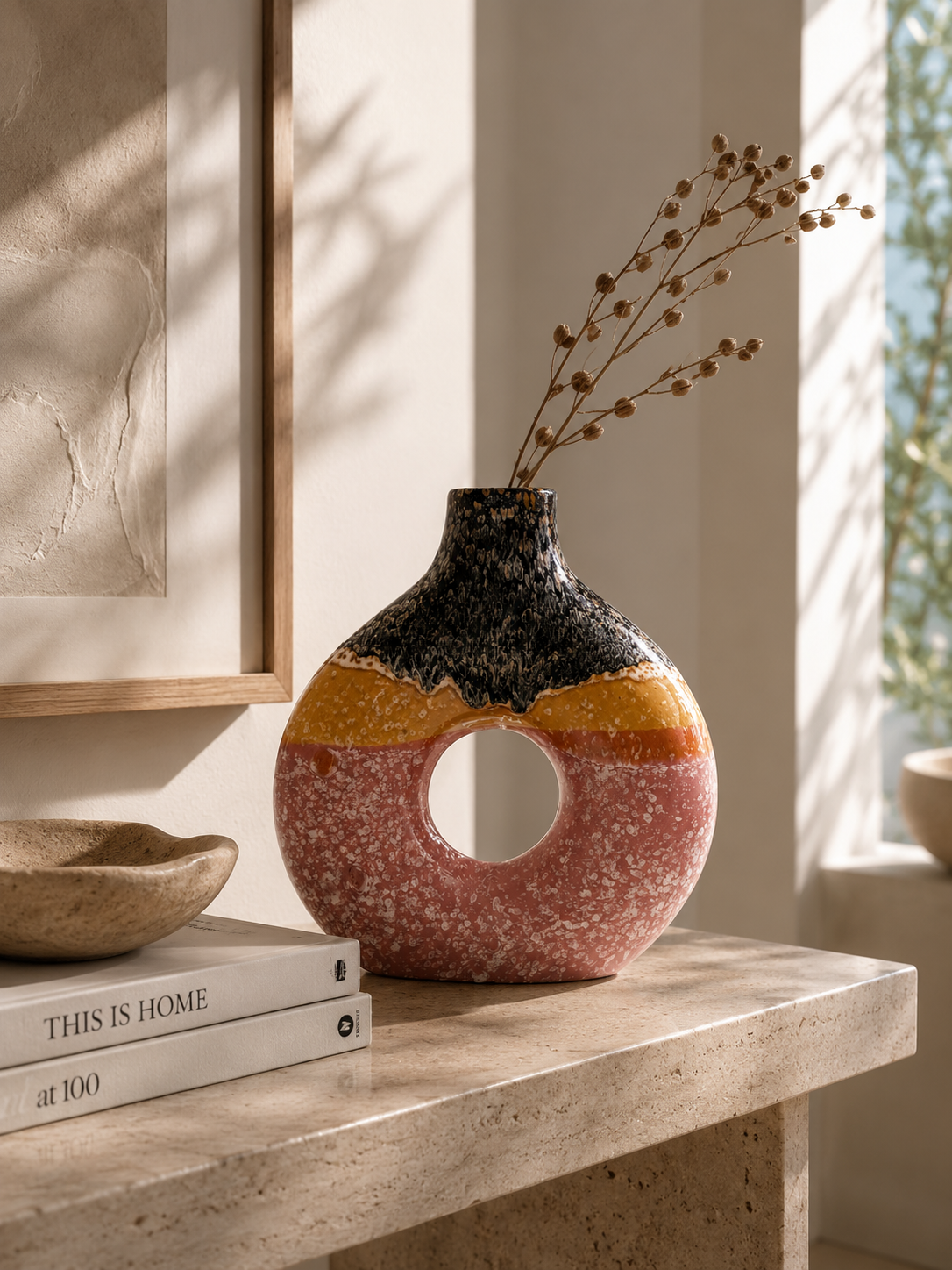 Vase en céramique tricolore avec ouverture centrale