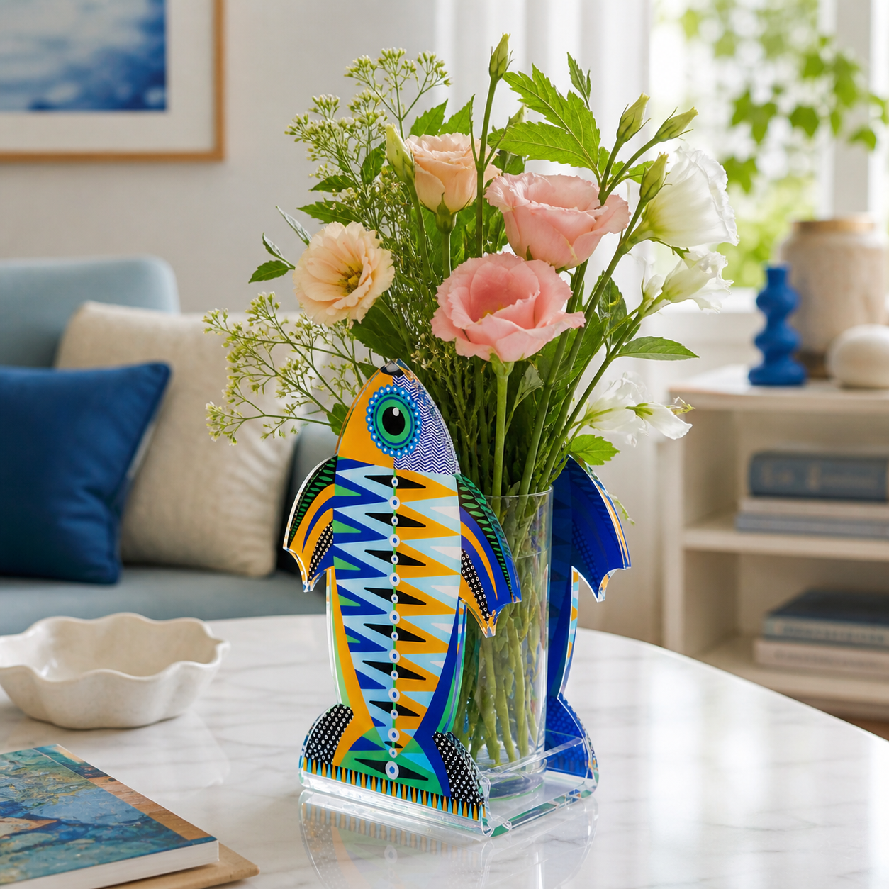Vaso Imperatore Pesce Vesta Home in plexiglass colorato con bouquet di fiori freschi rosa e bianchi su tavolo in marmo in ambiente domestico luminoso