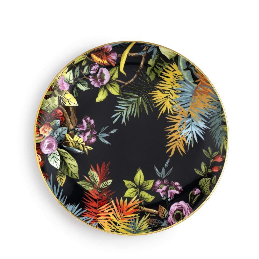Piatto piano Exotic Jungle Midnight di Simone Guidarelli in porcellana nera con motivi floreali tropicali e bordo oro.