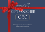 Gift card da 50 euro con design elegante, fiocco rosso e testo ‘Gift Voucher’ per acquisti sul sito marikadepaola.it.