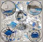 Set di piatti in melamina con decorazioni marine blu raffiguranti pesci, granchi e coralli su sfondo illustrato a tema oceano 