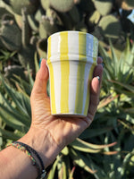 Bicchiere in ceramica artigianale con righe gialle verticali, tenuto in mano davanti a cactus e piante succulente