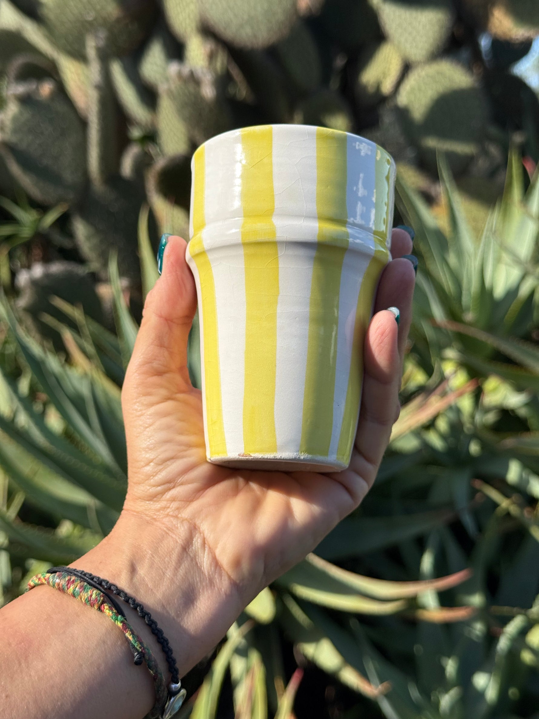 Bicchiere in ceramica artigianale con righe gialle verticali, tenuto in mano davanti a cactus e piante succulente