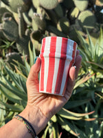 Bicchiere in ceramica artigianale con righe rosse verticali, tenuto in mano davanti a piante succulente