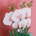 Dettaglio orchidea Funny Flowers Vesta in plexiglas, petali bianchi con sfumature rosa e centro giallo, design Made in Italy