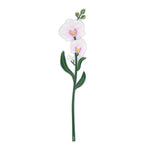 Orchidea Funny Flowers Vesta in plexiglas, fiore decorativo singolo bianco e rosa con gambo verde su sfondo neutro