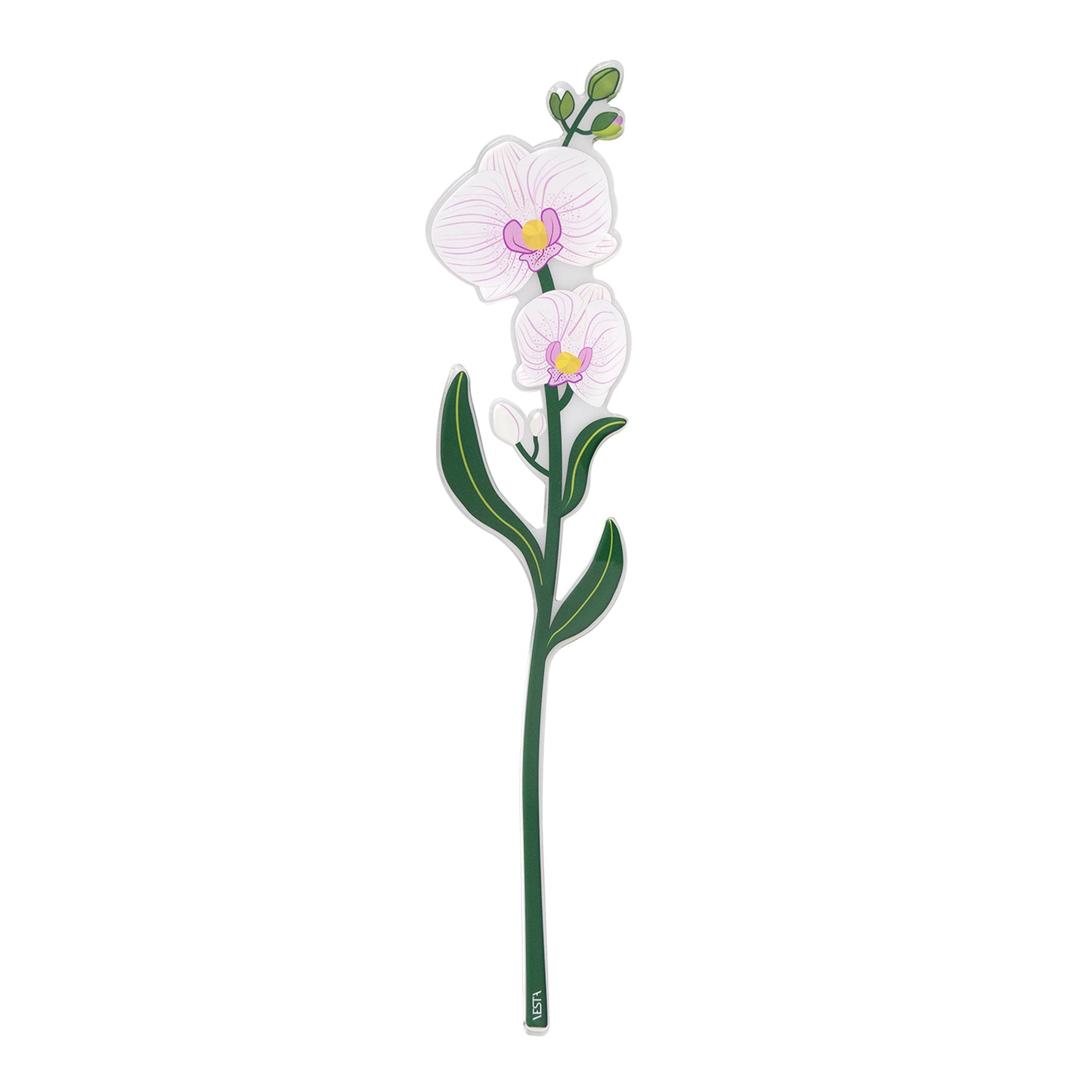 Orchidea Funny Flowers Vesta in plexiglas, fiore decorativo singolo bianco e rosa con gambo verde su sfondo neutro