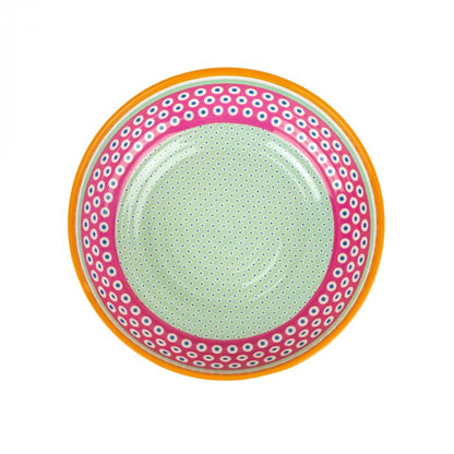 Set 2 piatti fondi Vesta in melamina modello Ethnic, con decoro etnico e bordo arancio, vista dall’alto