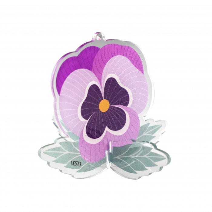 Decorazione Funny Flowers di Vesta modello Pansé in acrilico, con petali viola e foglie sagomate alla base.