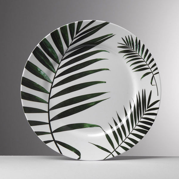 Piatto Kenzia in melamina bianca con foglia di palma verde – Mario Luca Giusti