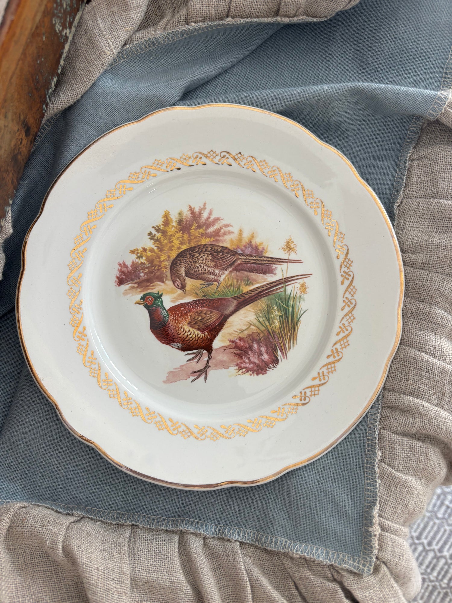 Piatto vintage in porcellana con scena di fagiani e bordo oro decorato Ø24 cm