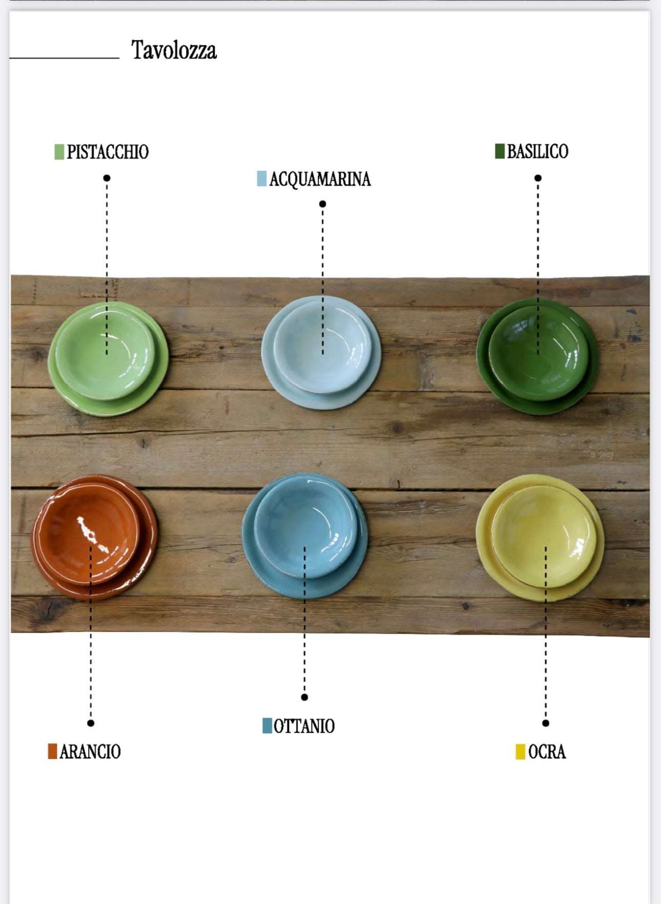 Piatti Tavolozza Virginia Casa nei colori pistacchio, acquamarina, basilico, arancio, ottanio e ocra – ceramica artigianale italiana