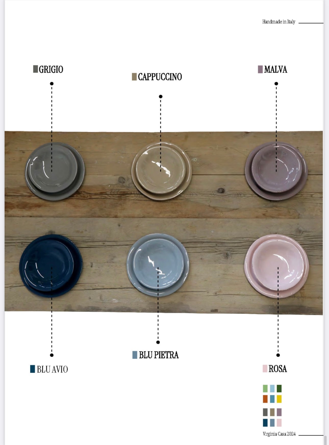 Piatti piani e fondi in ceramica artigianale Virginia Casa nei colori grigio, cappuccino, malva, blu avio, blu pietra e rosa – linea Tavolozza