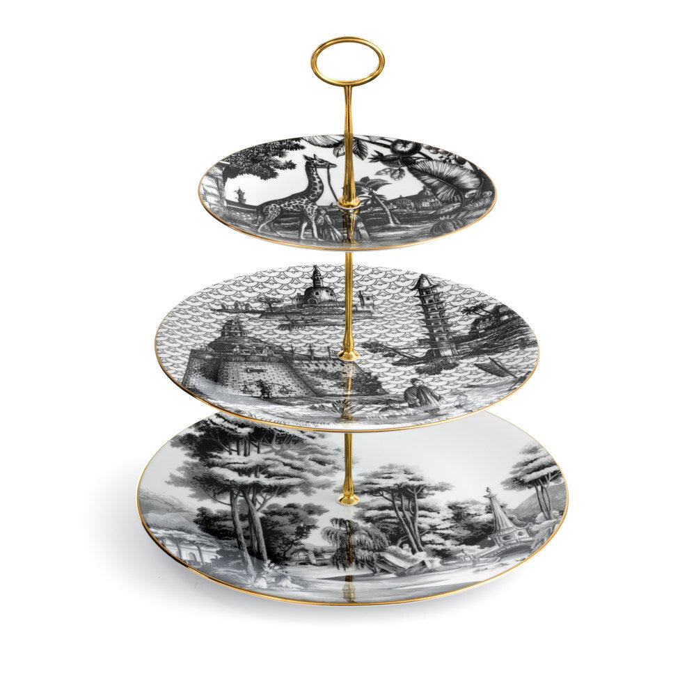 Présentoir à trois niveaux Souvenirs de Voyage Simone Guidarelli en porcelaine avec filet doré