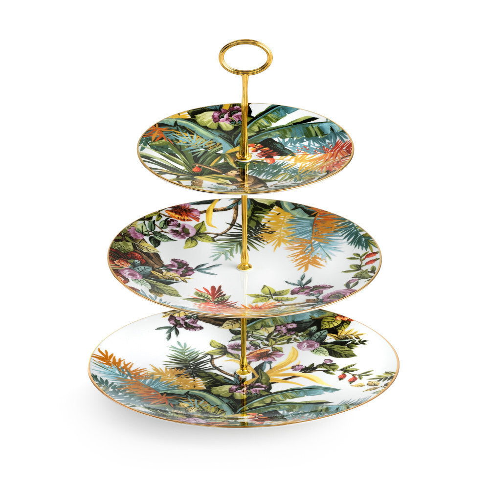 Alzata tre livelli Exotic Jungle White Simone Guidarelli in porcellana con dettagli oro