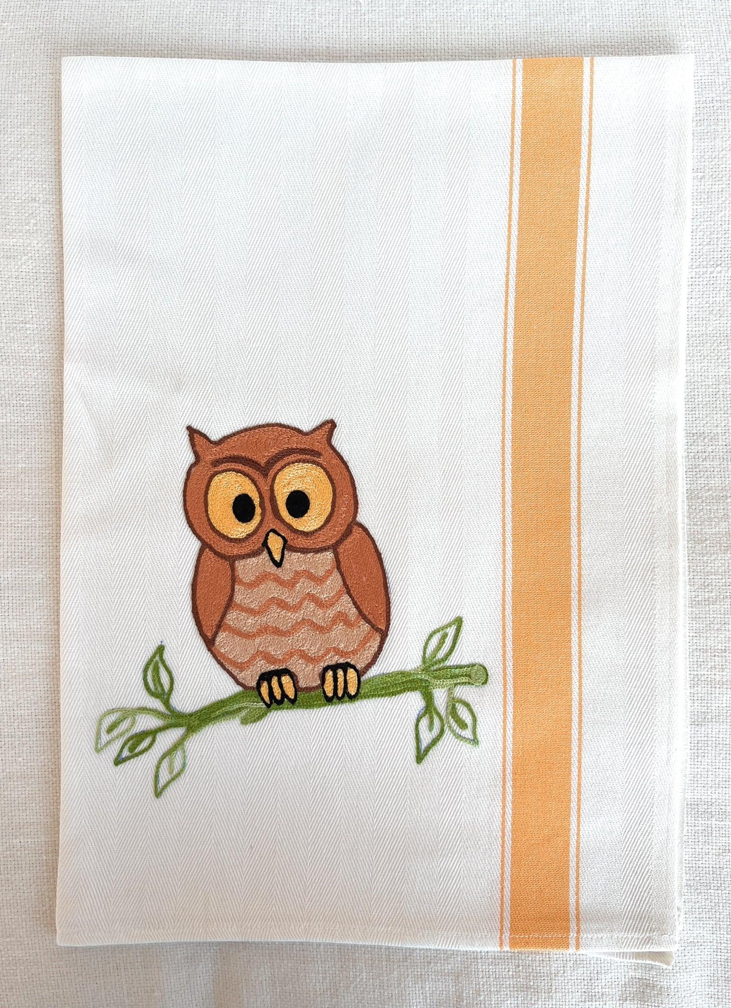 Asciuga piatto in cotone con ricamo civetta su ramo e banda gialla