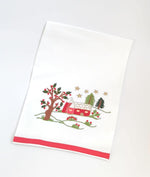 Asciugapiatti natalizio con casetta ricamata, albero e stelle dorate, bordo rosso