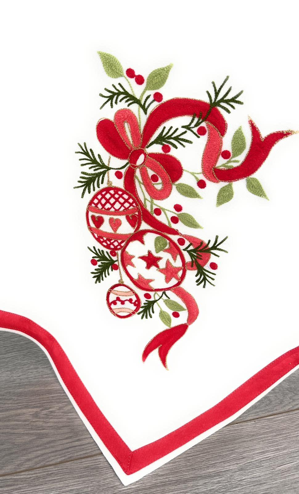 Particolare ricamo palline di Natale, fiocco e rami verdi