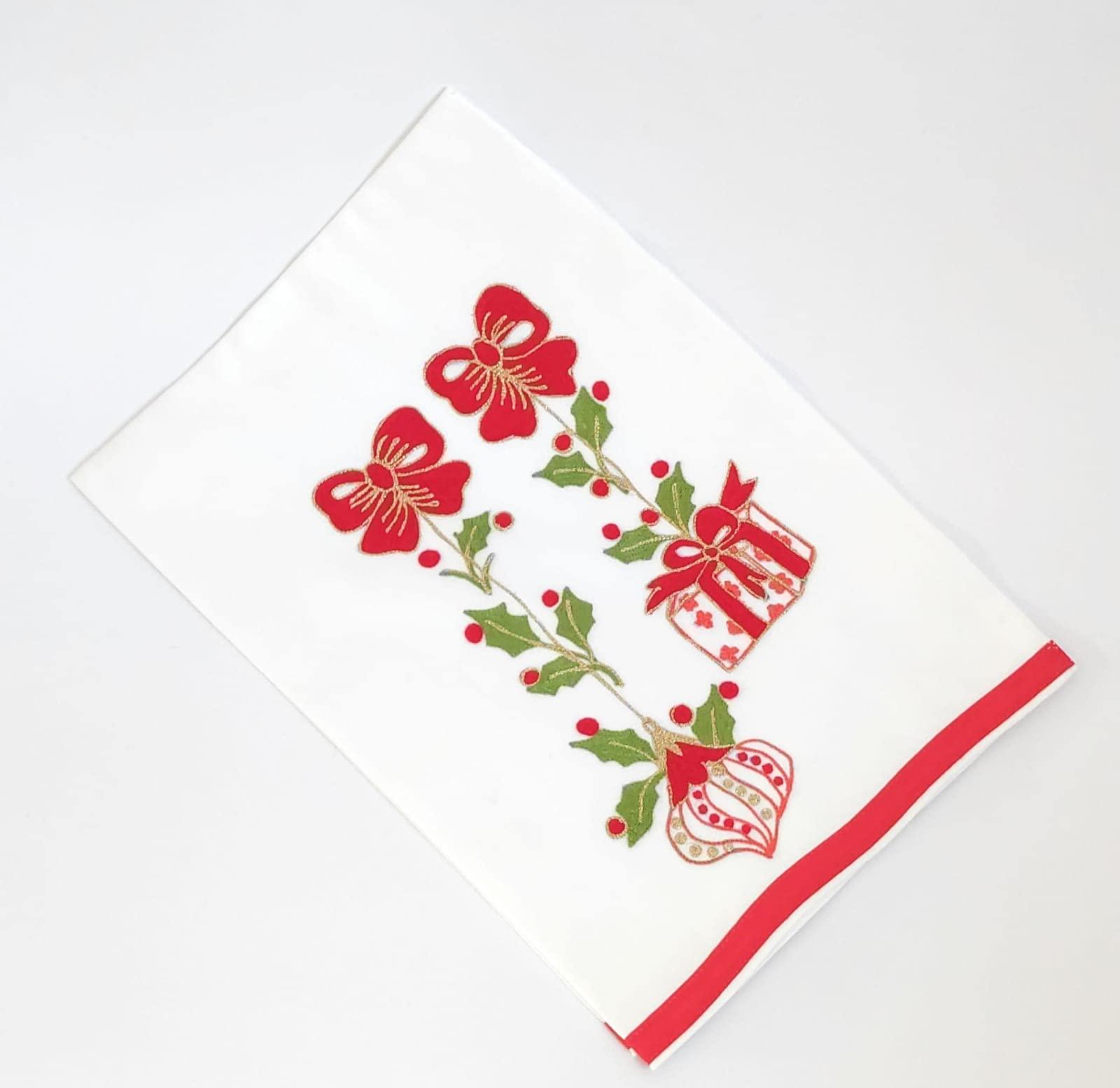 Asciugapiatti in cotone con ricamo natalizio: pacchetti, stelle e fiocchi rossi