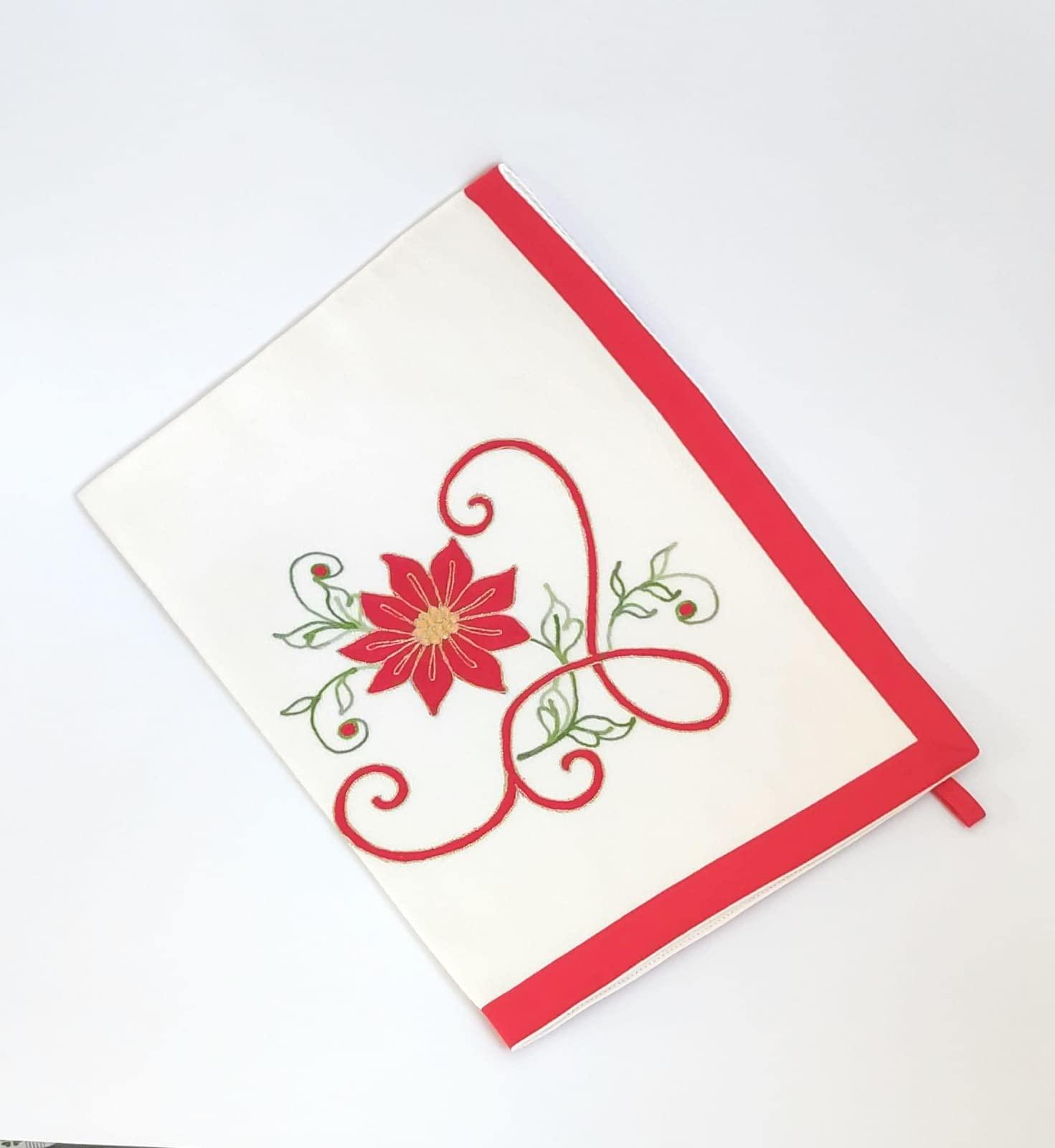 Burazzo ricamato con fiore stella di Natale e riccioli rossi, bordo rosso