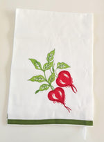 Burazzo ricamato con ravanelli su cotone bianco con bordo finale verde Made in Italy