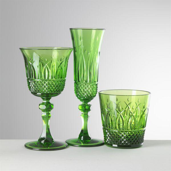 Set bicchieri Italia verde di Mario Luca Giusti in cristallo acrilico: calice acqua, calice vino e flûte con decoro molato