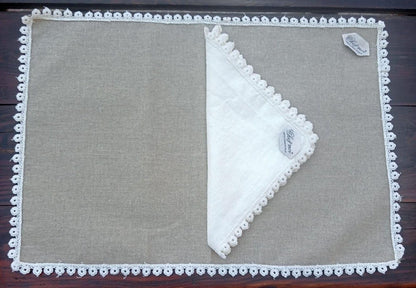 Chez Moi - Set de table américain modèle Bon Ton avec serviette assortie en lin ciré avec dentelle de coton