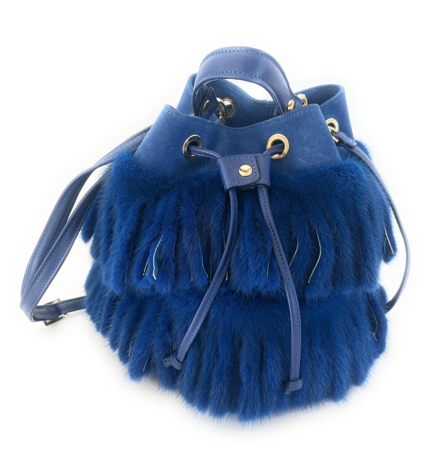 Sac femme bleu en cuir suédé et fourrure de vison