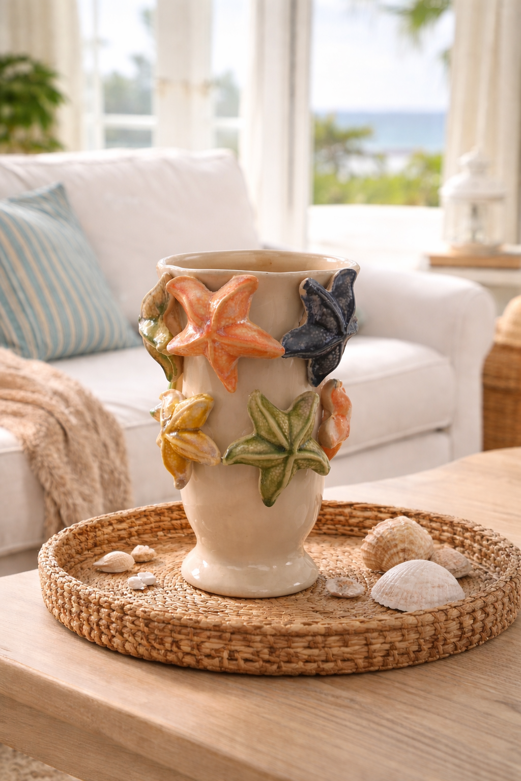 vaso basso in ceramica con stelle marine multicolor in rilievo ambientato su tavolino in stile mediterraneo

