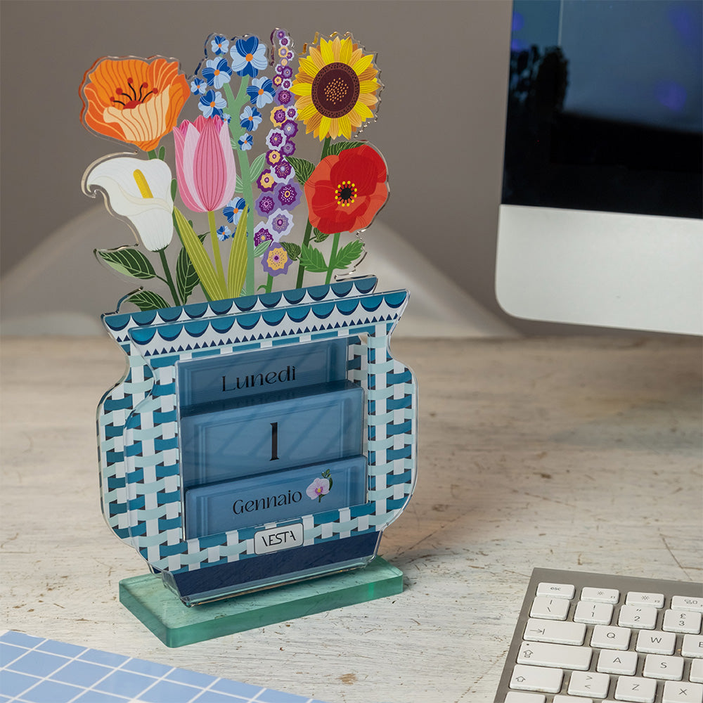 calendario perpetuo Happy Year Vesta Home da tavolo con fiori decorativi
