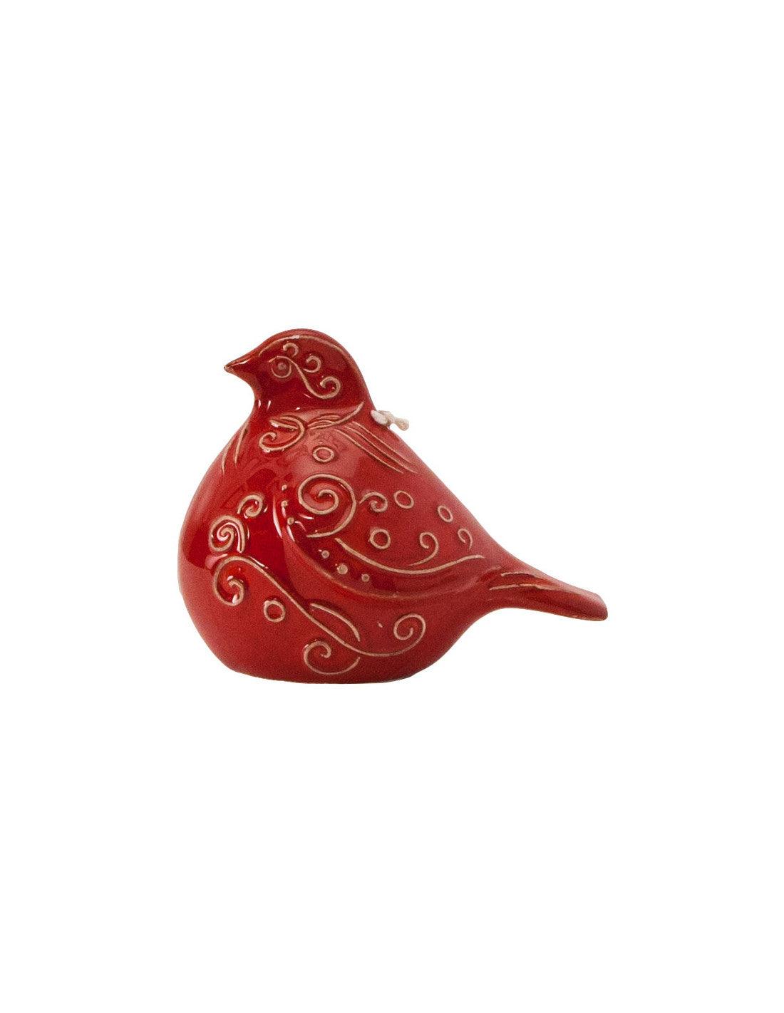 Campana in ceramica rossa Virginia Casa a forma di uccellino, perfetta per decorazioni natalizie. Artigianato italiano decorativo e simbolico.