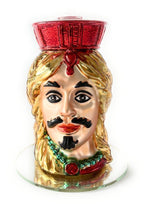 Candelabro Testa di Moro uomo in vetro e resina con dettagli oro e corona rossa, decorazione artigianale siciliana