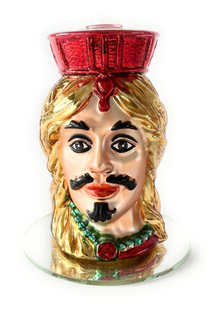 Candelabro Testa di Moro uomo in vetro e resina con dettagli oro e corona rossa, decorazione artigianale siciliana