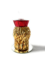 Retro del candelabro Testa di Moro uomo in vetro e resina, capelli dorati con finitura lucida e corona rossa decorativa