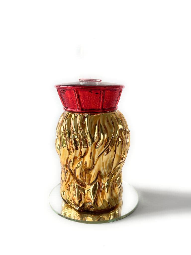 Retro del candelabro Testa di Moro uomo in vetro e resina, capelli dorati con finitura lucida e corona rossa decorativa