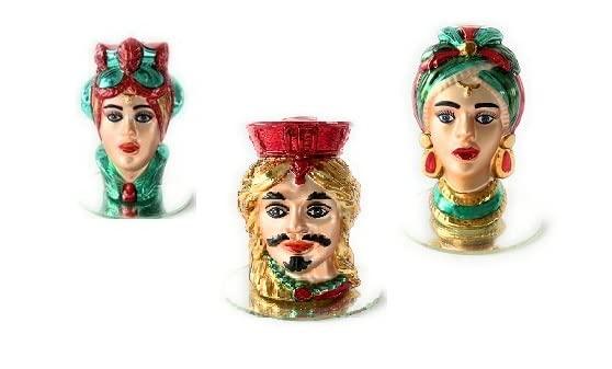 Set completo di tre Teste di Moro, in vetro e resina colorata, porta candela