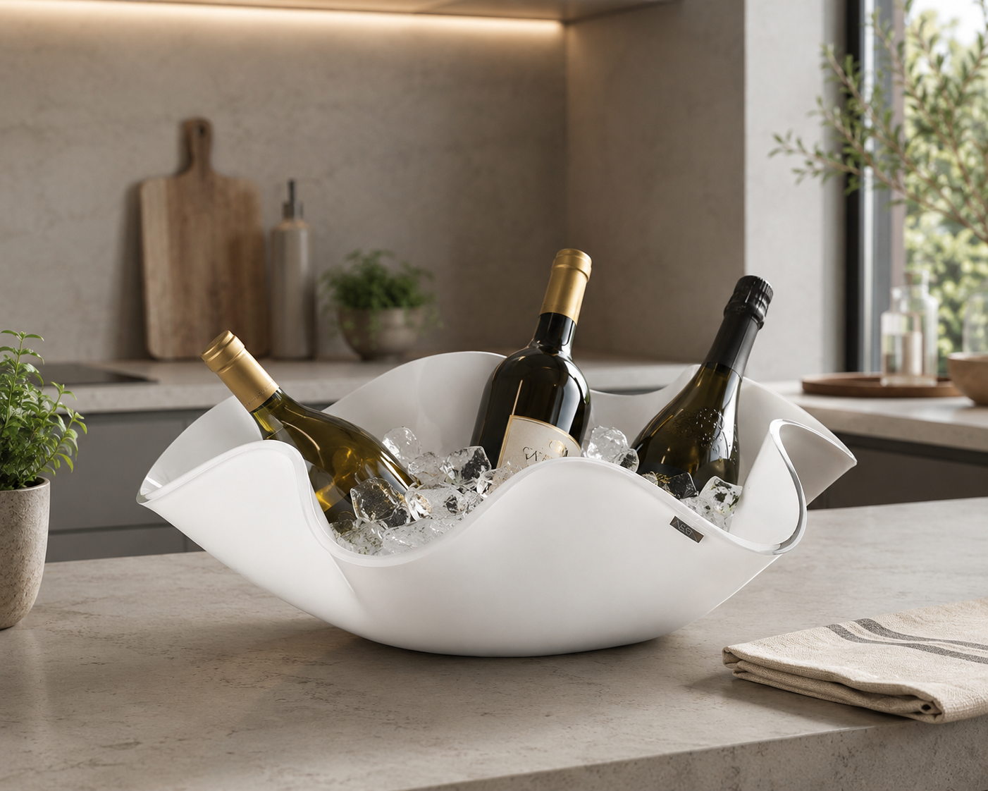 Centrotavola bianco dal design ondulato utilizzato come porta bottiglie con ghiaccio su un’isola cucina moderna. Al suo interno bottiglie di vino e champagne, circondate da cubetti di ghiaccio, in un ambiente elegante dai toni neutri con dettagli in legno e luce naturale.