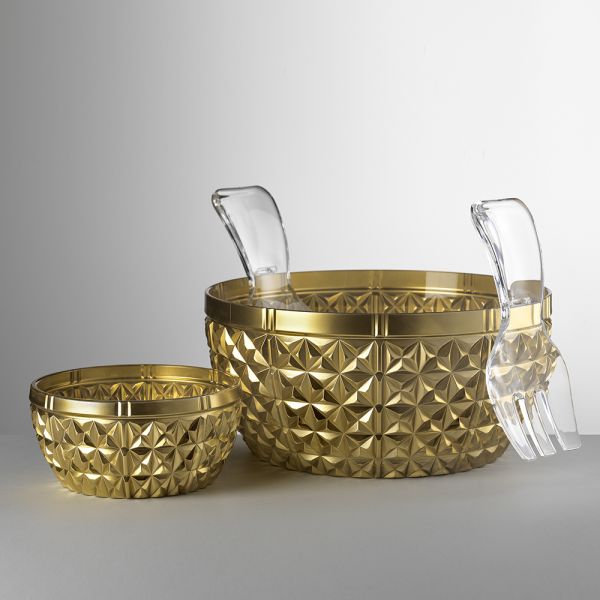 Insalatiera Churchill e coppetta Elena in cristallo acrilico oro  Mario Luca Giusti, eleganti e infrangibili, ideali per tavole raffinate e outdoor di lusso