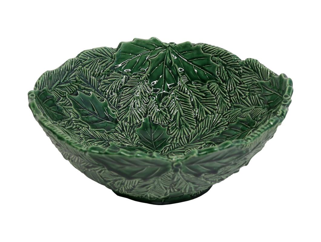 Ciotola Virginia Casa Natale in ceramica verde con decorazioni di aghi e agrifoglio