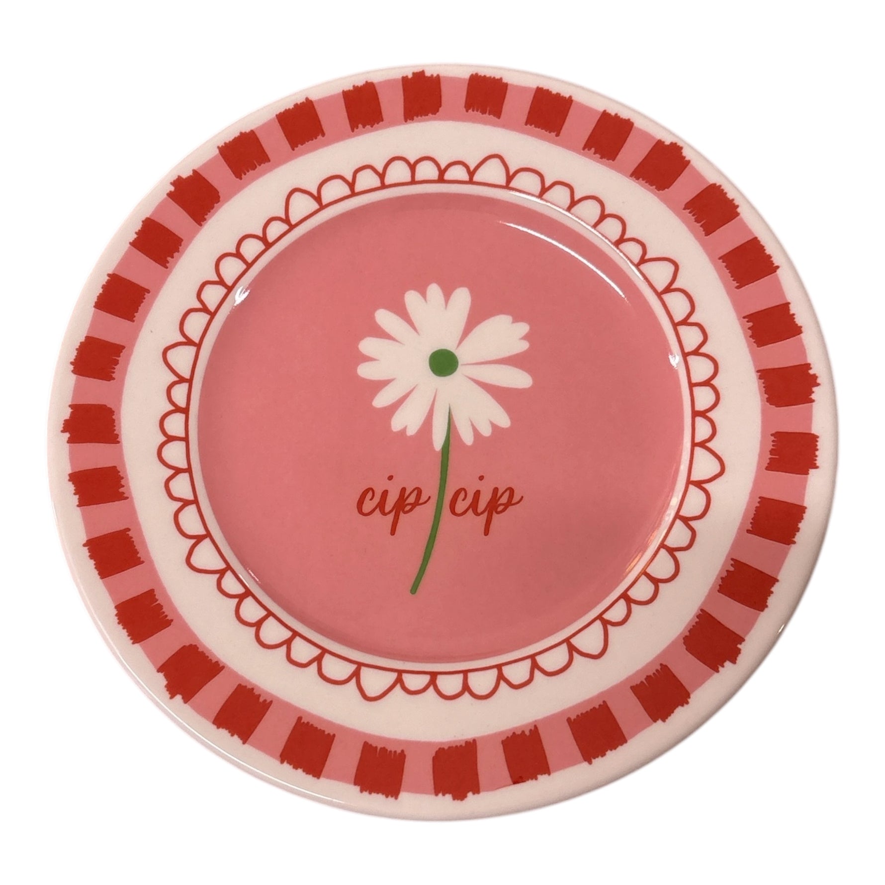 Piatto in porcellana rosa Ø16 cm con fiore bianco e scritta “Cip cip”, bordo decorato rosa e rosso pesca