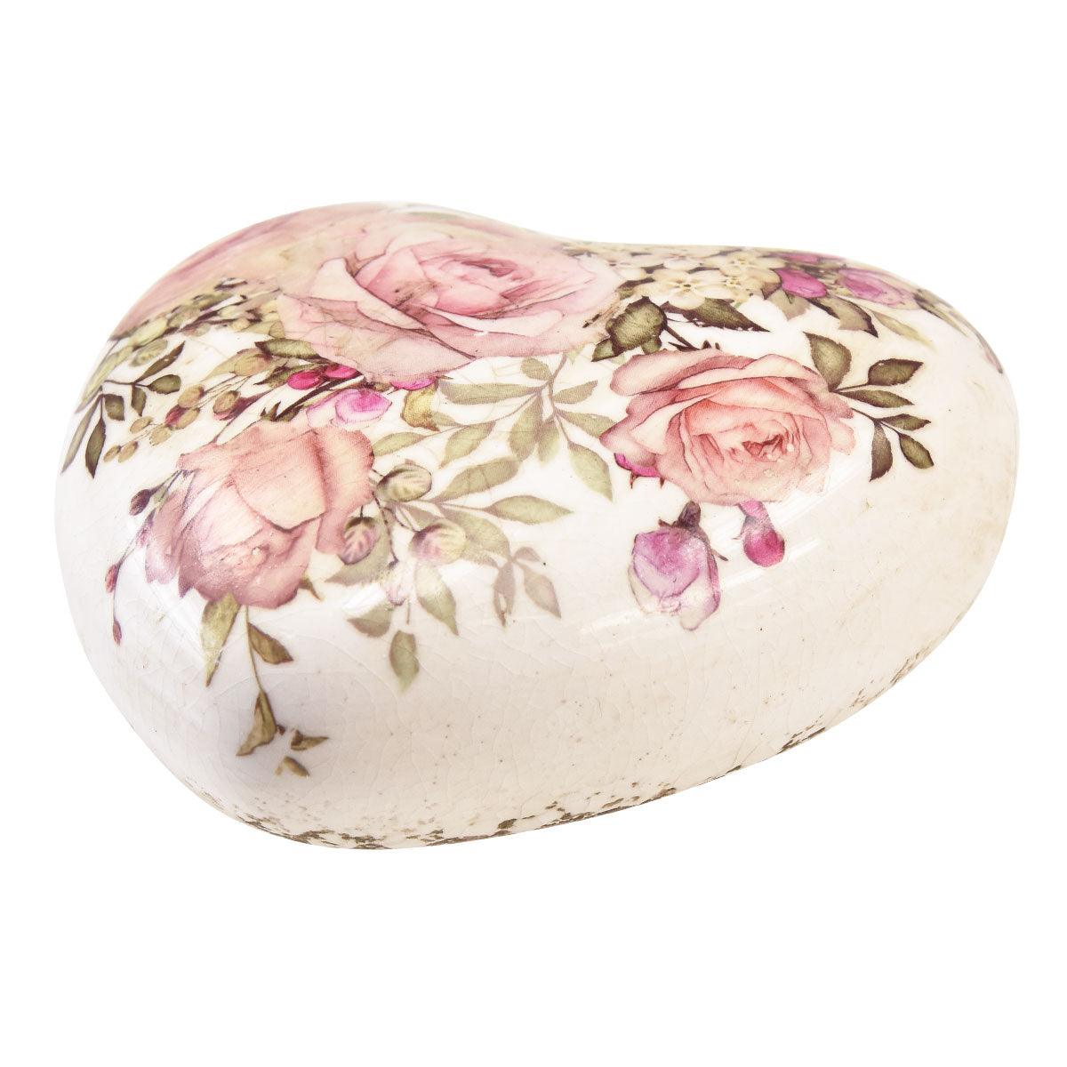 Fermacarte a forma di cuore in ceramica Clayre & Eef decorato con rose rosa e foglie verdi.


