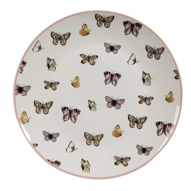Piatto in ceramica Clayre & Eef decorato con farfalle gialle, rosa e beige su fondo chiaro.