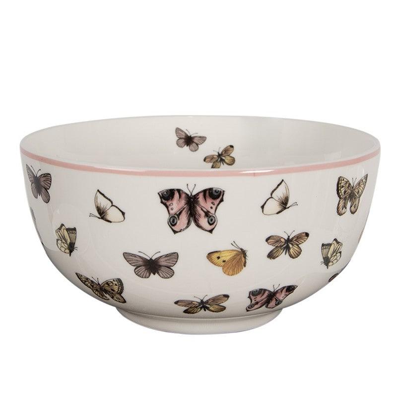 Bowl in porcellana avorio Clayre & Eef decorata con farfalle colorate e bordo rosa