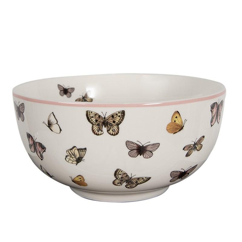 Bowl in porcellana avorio Clayre & Eef decorata con farfalle colorate e bordo rosa