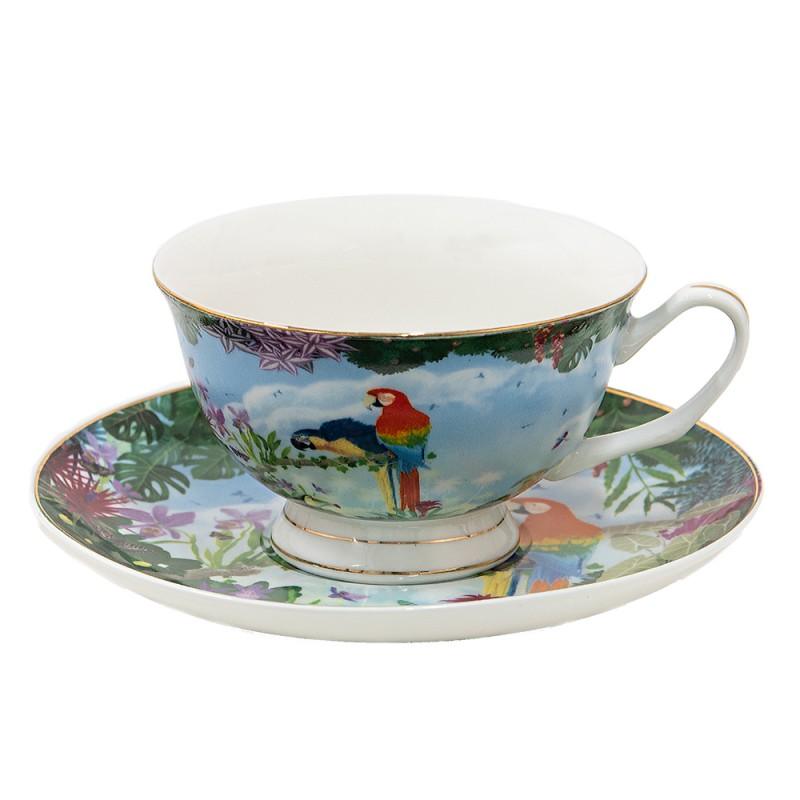 Tazza e piattino in ceramica Clayre & Eef decorati con pappagalli tropicali e motivi floreali.