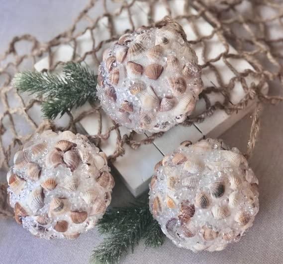 Set di tre sfere decorative in resina e conchiglie vere, Ø11 cm, ideali per Natale e arredamento mare