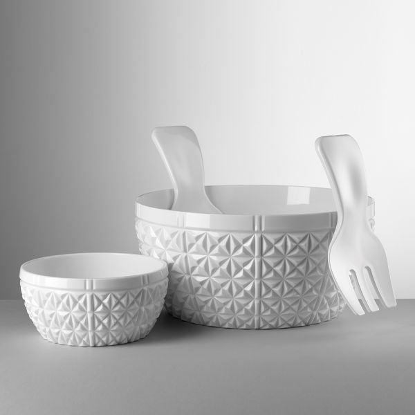 Coppetta Elena e insalatiera Churchill bianche in cristallo acrilico sfaccettato