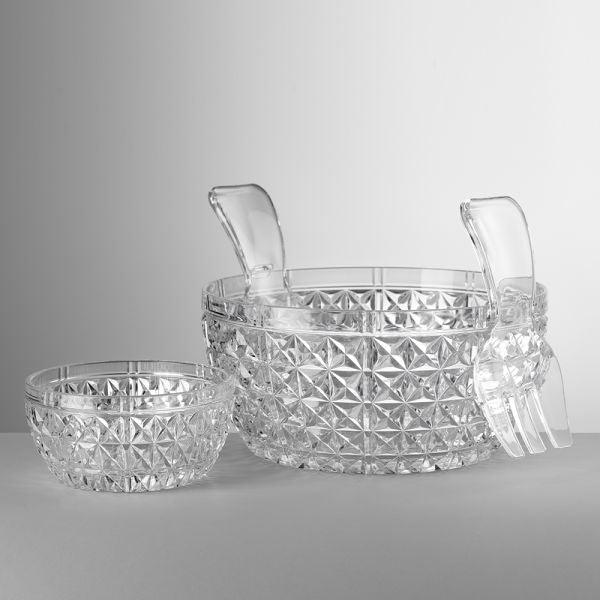 Coppetta Elena e insalatiera Churchill trasparenti in cristallo acrilico sfaccettato