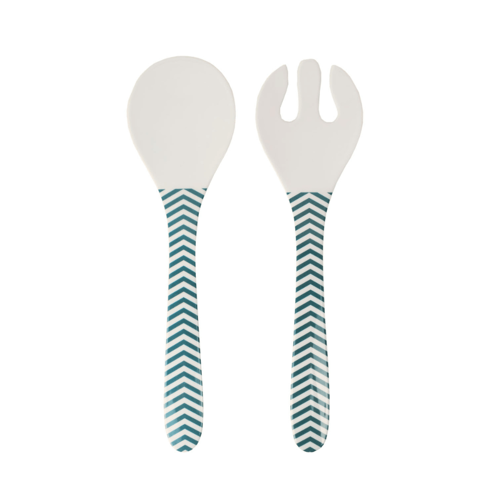 Set posate da insalata in melamina Vesta modello Modern con manico a righe verde petrolio, lavabili in lavastoviglie
