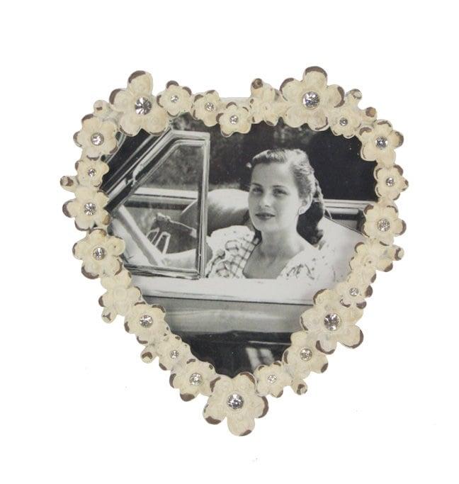 Cornice in metallo a cuore shabby chic panna e glitter argento 8,6x8,9 cm